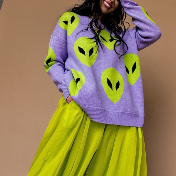 Purple Sweater with Neon Alien Design - Picture 3 of 4